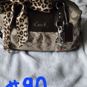 Coach Signature Brown Handbag with Leopard Bow